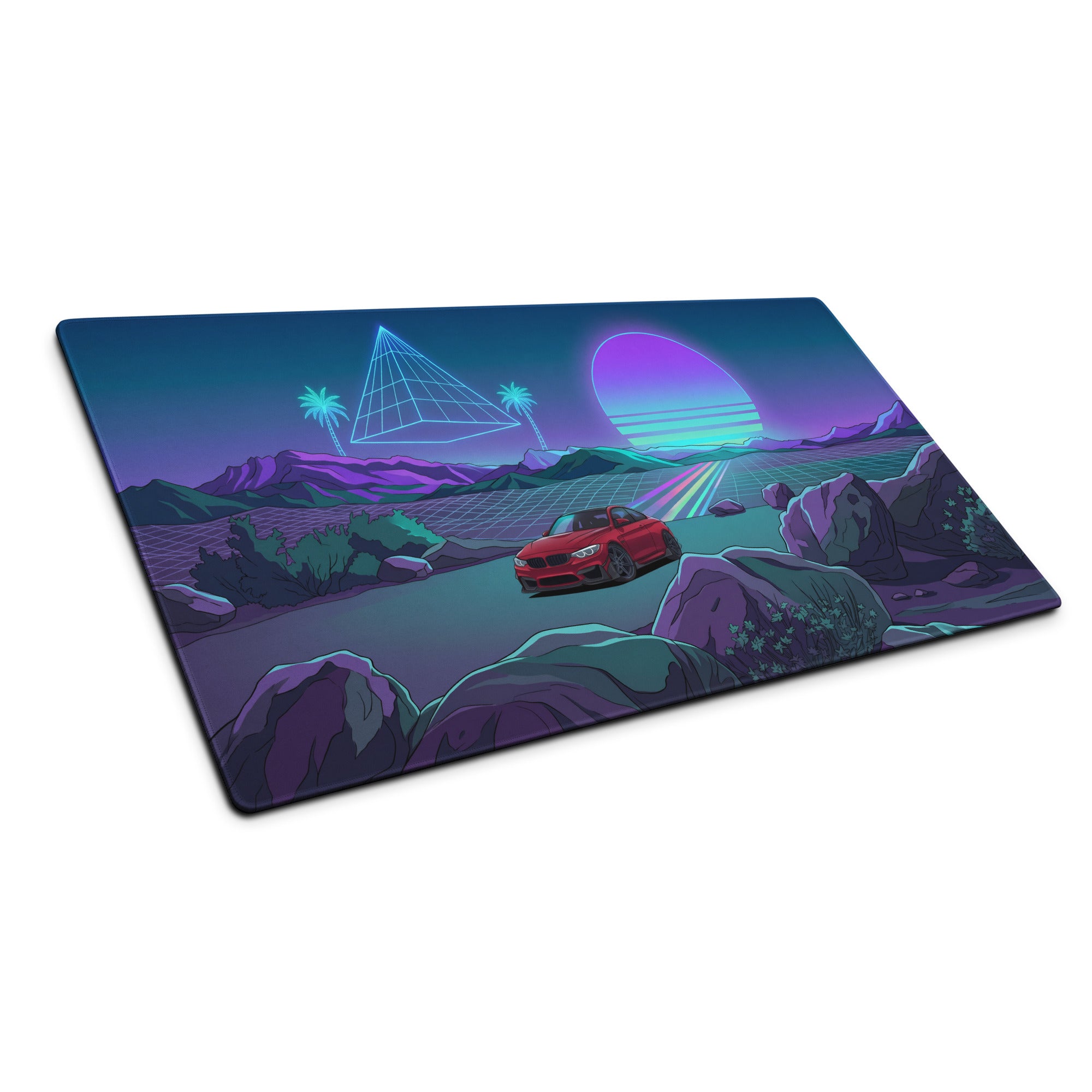 BMW M4 F82 Inspired Red Purple Vaporwave Gaming Mouse Pad, Neon Sports Coupe Desk Mat with Retro Futuristic Mountain Sunset Artwork