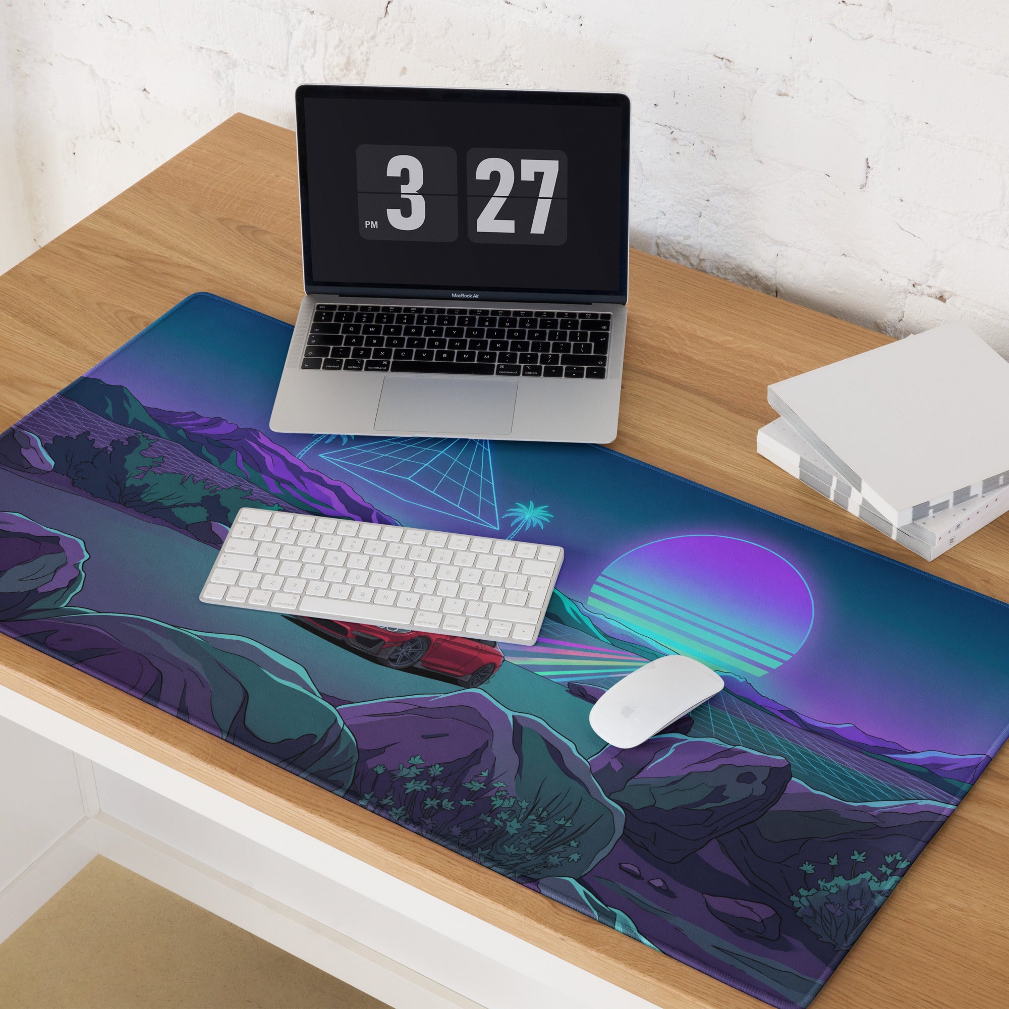 BMW M4 F82 Inspired Red Purple Vaporwave Gaming Mouse Pad, Neon Sports Coupe Desk Mat with Retro Futuristic Mountain Sunset Artwork