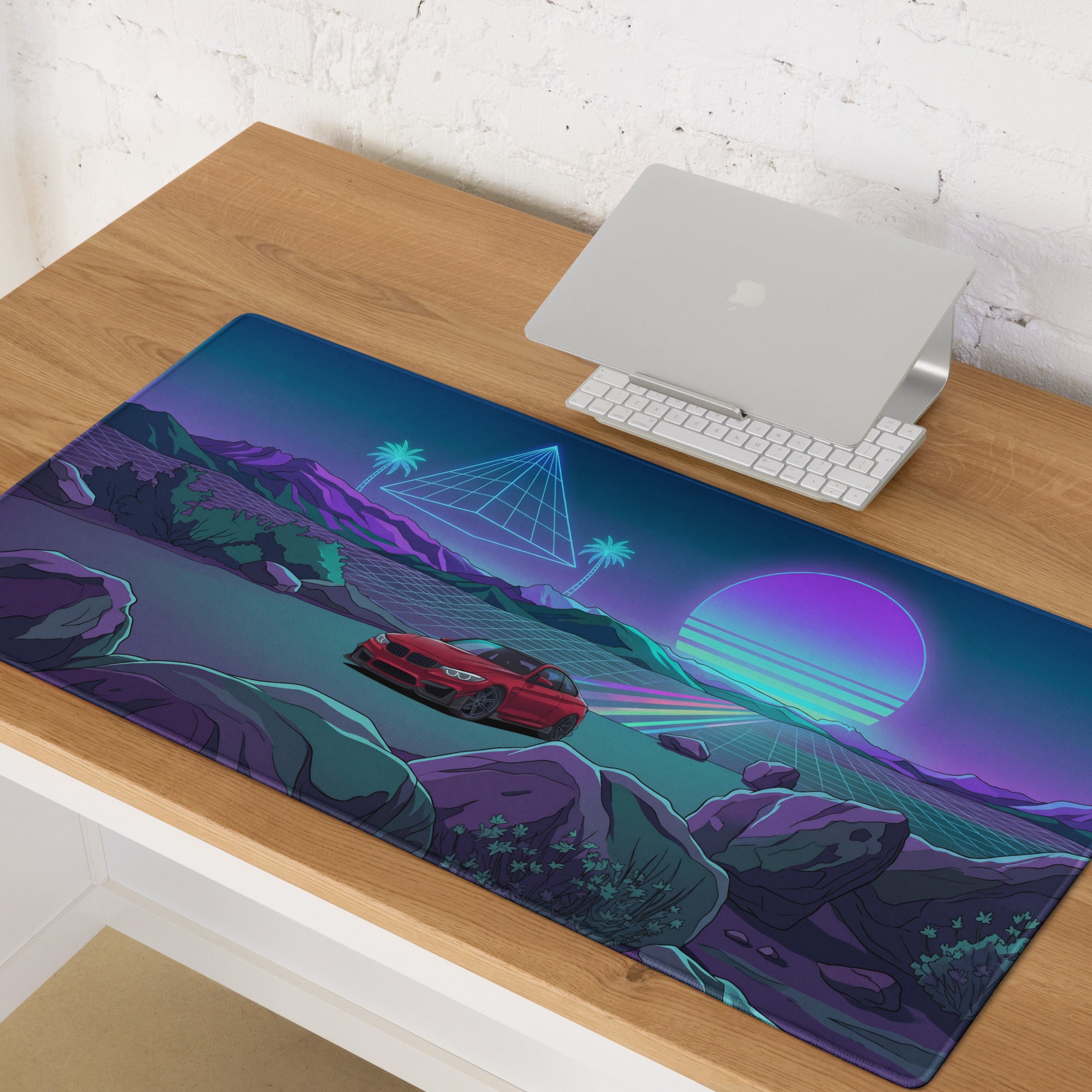 BMW M4 F82 Inspired Red Purple Vaporwave Gaming Mouse Pad, Neon Sports Coupe Desk Mat with Retro Futuristic Mountain Sunset Artwork