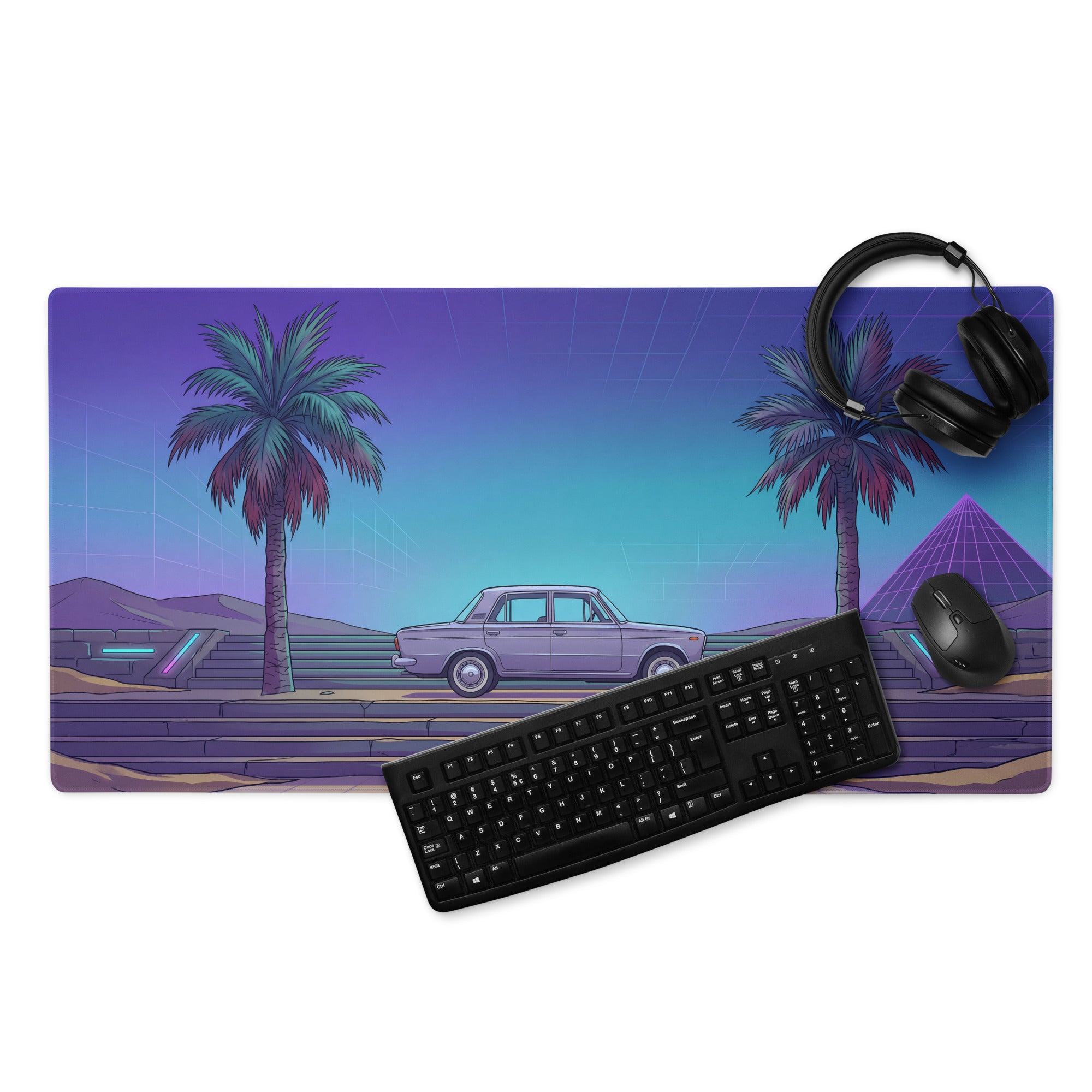 Lada 2101 Inspired Silver Blue Vaporwave Gaming Mouse Pad, Retro Classic Sedan Desk Mat with Neon Palm Tree Coastal Road Artwork