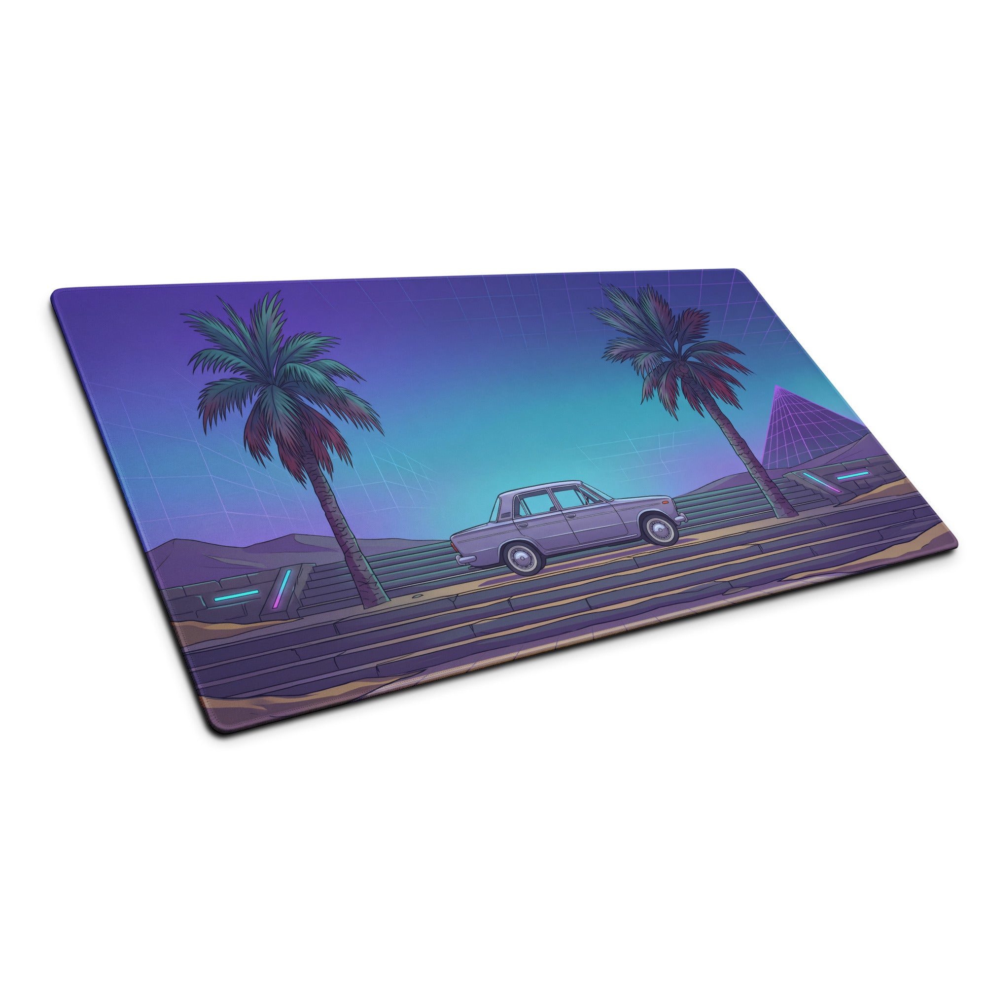 Lada 2101 Inspired Silver Blue Vaporwave Gaming Mouse Pad, Retro Classic Sedan Desk Mat with Neon Palm Tree Coastal Road Artwork