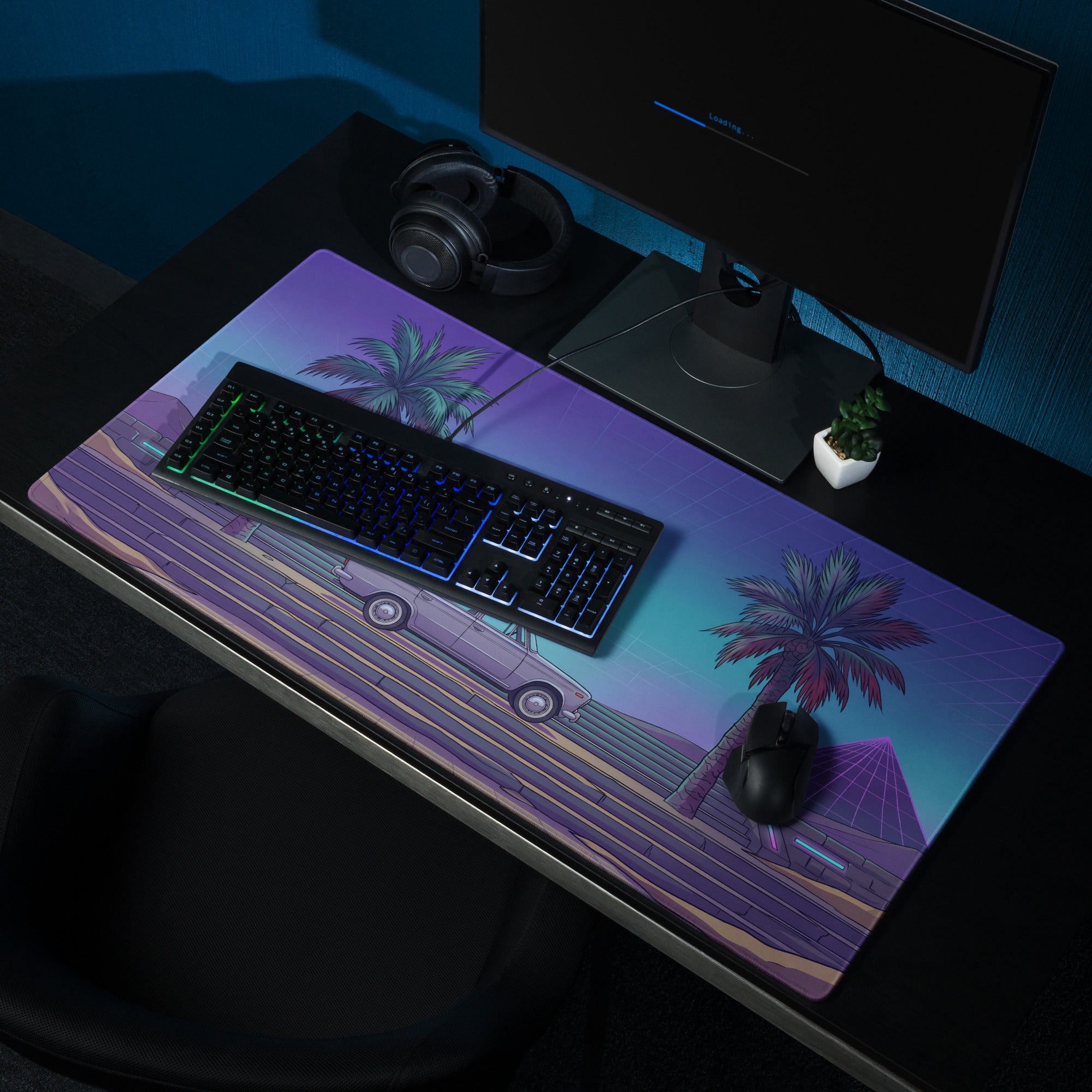 Lada 2101 Inspired Silver Blue Vaporwave Gaming Mouse Pad, Retro Classic Sedan Desk Mat with Neon Palm Tree Coastal Road Artwork
