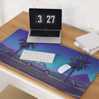Lada 2101 Inspired Silver Blue Vaporwave Gaming Mouse Pad, Retro Classic Sedan Desk Mat with Neon Palm Tree Coastal Road Artwork