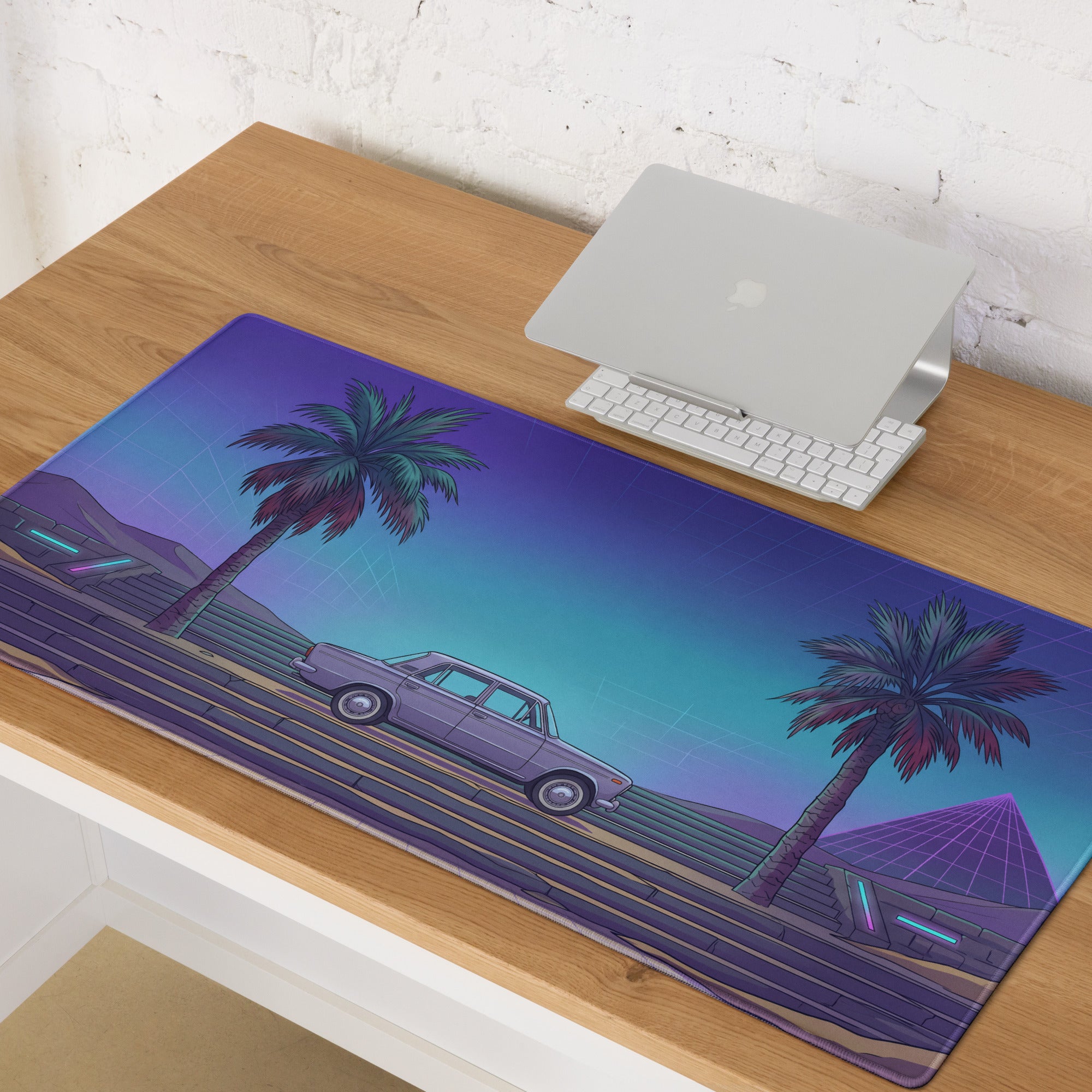 Lada 2101 Inspired Silver Blue Vaporwave Gaming Mouse Pad, Retro Classic Sedan Desk Mat with Neon Palm Tree Coastal Road Artwork