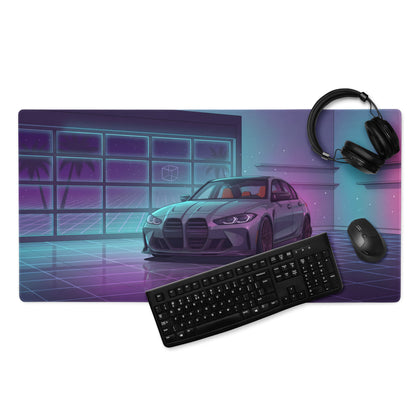 BMW M3 G80 Inspired Gray Purple Vaporwave Gaming Mouse Pad, Neon Sports Sedan Desk Mat with Retro Futuristic Luxury Garage Artwork