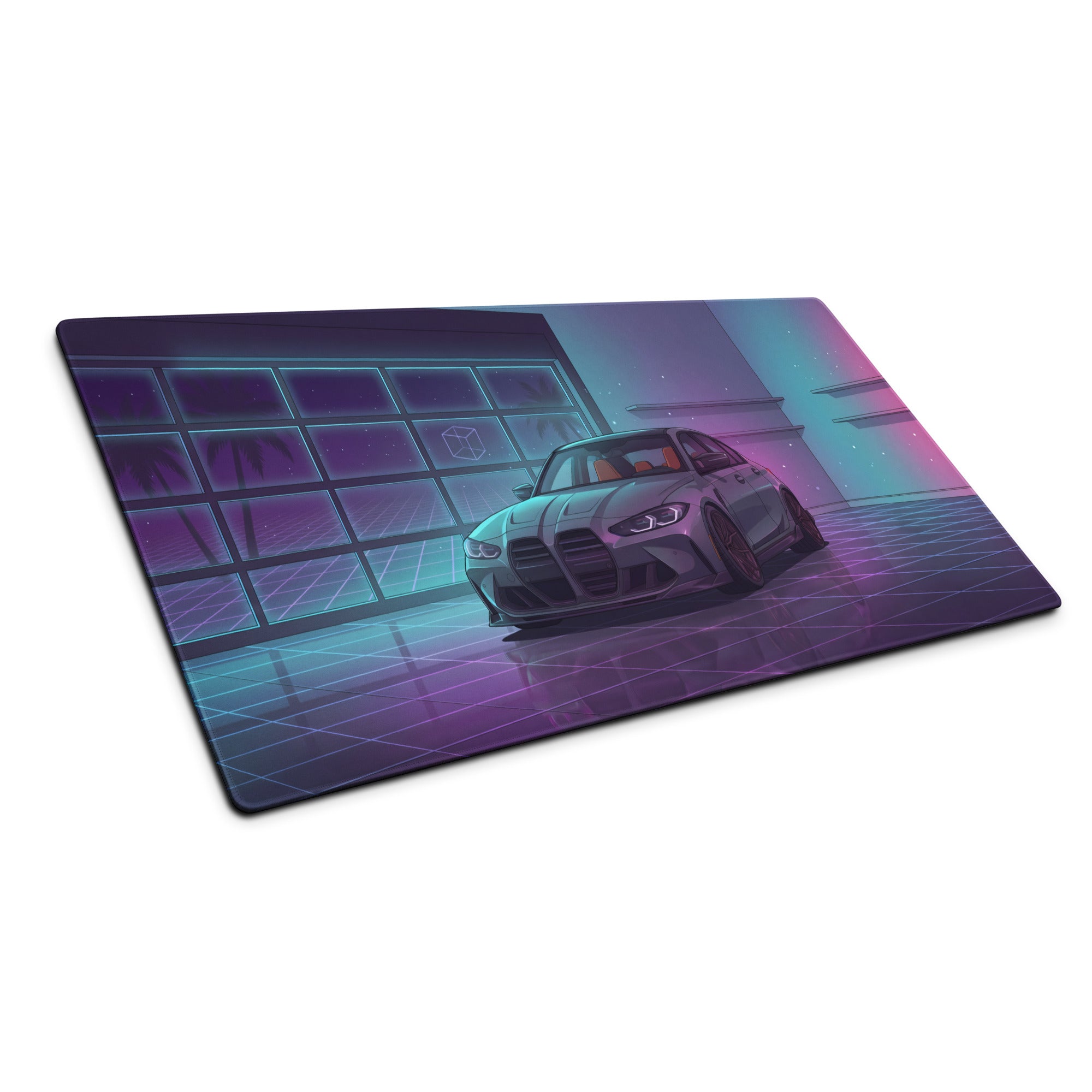 BMW M3 G80 Inspired Gray Purple Vaporwave Gaming Mouse Pad, Neon Sports Sedan Desk Mat with Retro Futuristic Luxury Garage Artwork