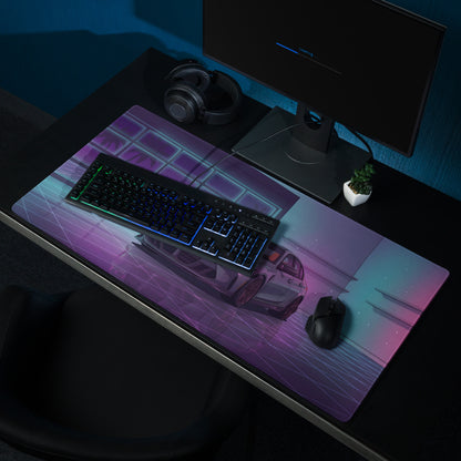 BMW M3 G80 Inspired Gray Purple Vaporwave Gaming Mouse Pad, Neon Sports Sedan Desk Mat with Retro Futuristic Luxury Garage Artwork