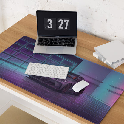 BMW M3 G80 Inspired Gray Purple Vaporwave Gaming Mouse Pad, Neon Sports Sedan Desk Mat with Retro Futuristic Luxury Garage Artwork