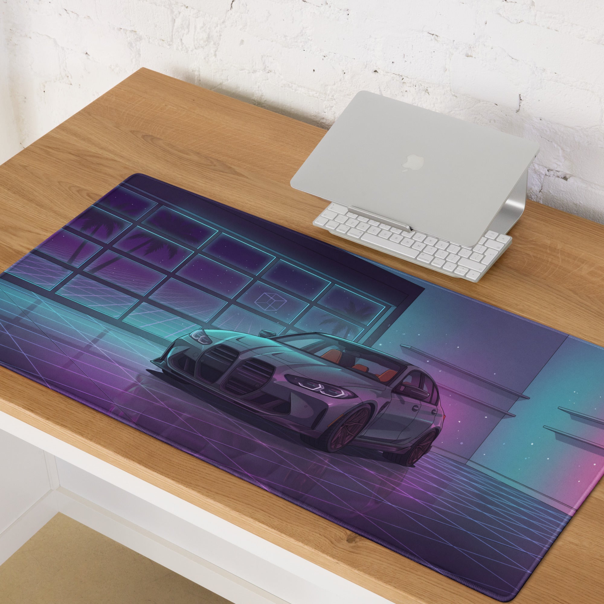 BMW M3 G80 Inspired Gray Purple Vaporwave Gaming Mouse Pad, Neon Sports Sedan Desk Mat with Retro Futuristic Luxury Garage Artwork