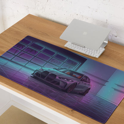 BMW M3 G80 Inspired Gray Purple Vaporwave Gaming Mouse Pad, Neon Sports Sedan Desk Mat with Retro Futuristic Luxury Garage Artwork