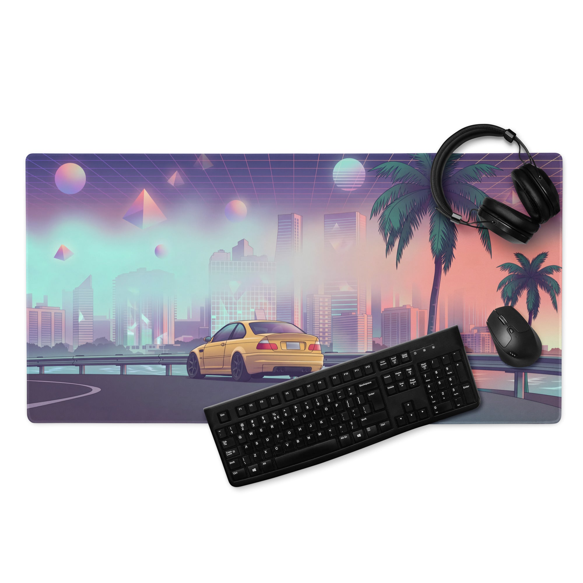 BMW M3 E46 Inspired Gold Pink Vaporwave Gaming Mouse Pad, Retro Sports Coupe Desk Mat with Neon Futuristic City and Palm Tree Artwork