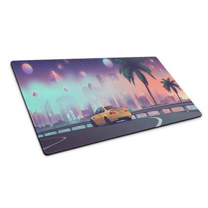 BMW M3 E46 Inspired Gold Pink Vaporwave Gaming Mouse Pad, Retro Sports Coupe Desk Mat with Neon Futuristic City and Palm Tree Artwork