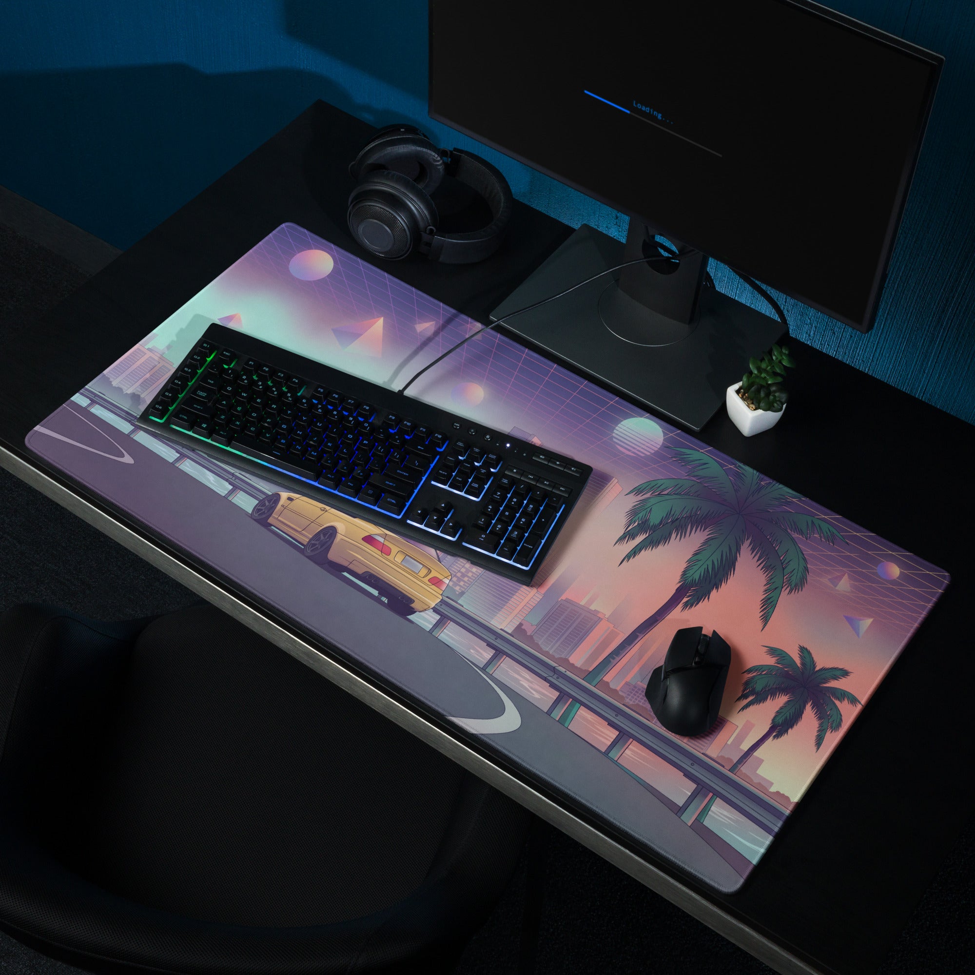 BMW M3 E46 Inspired Gold Pink Vaporwave Gaming Mouse Pad, Retro Sports Coupe Desk Mat with Neon Futuristic City and Palm Tree Artwork