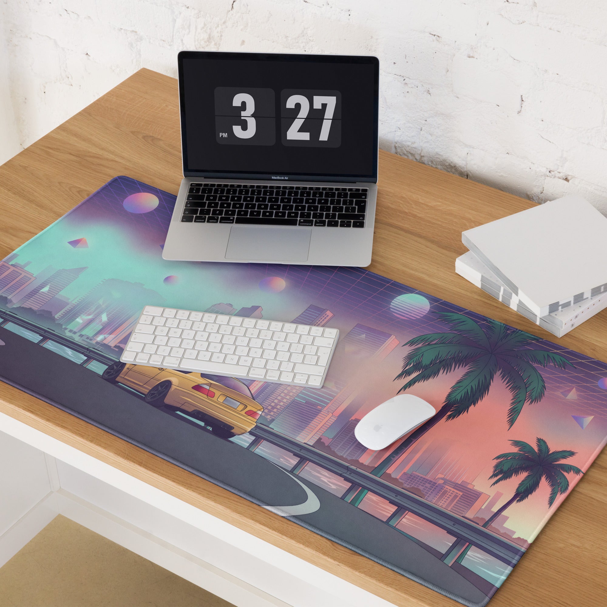 BMW M3 E46 Inspired Gold Pink Vaporwave Gaming Mouse Pad, Retro Sports Coupe Desk Mat with Neon Futuristic City and Palm Tree Artwork
