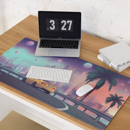 BMW M3 E46 Inspired Gold Pink Vaporwave Gaming Mouse Pad, Retro Sports Coupe Desk Mat with Neon Futuristic City and Palm Tree Artwork
