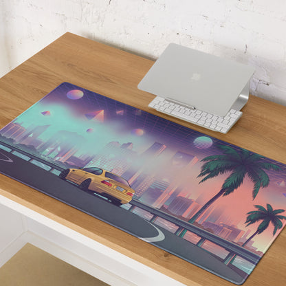 BMW M3 E46 Inspired Gold Pink Vaporwave Gaming Mouse Pad, Retro Sports Coupe Desk Mat with Neon Futuristic City and Palm Tree Artwork