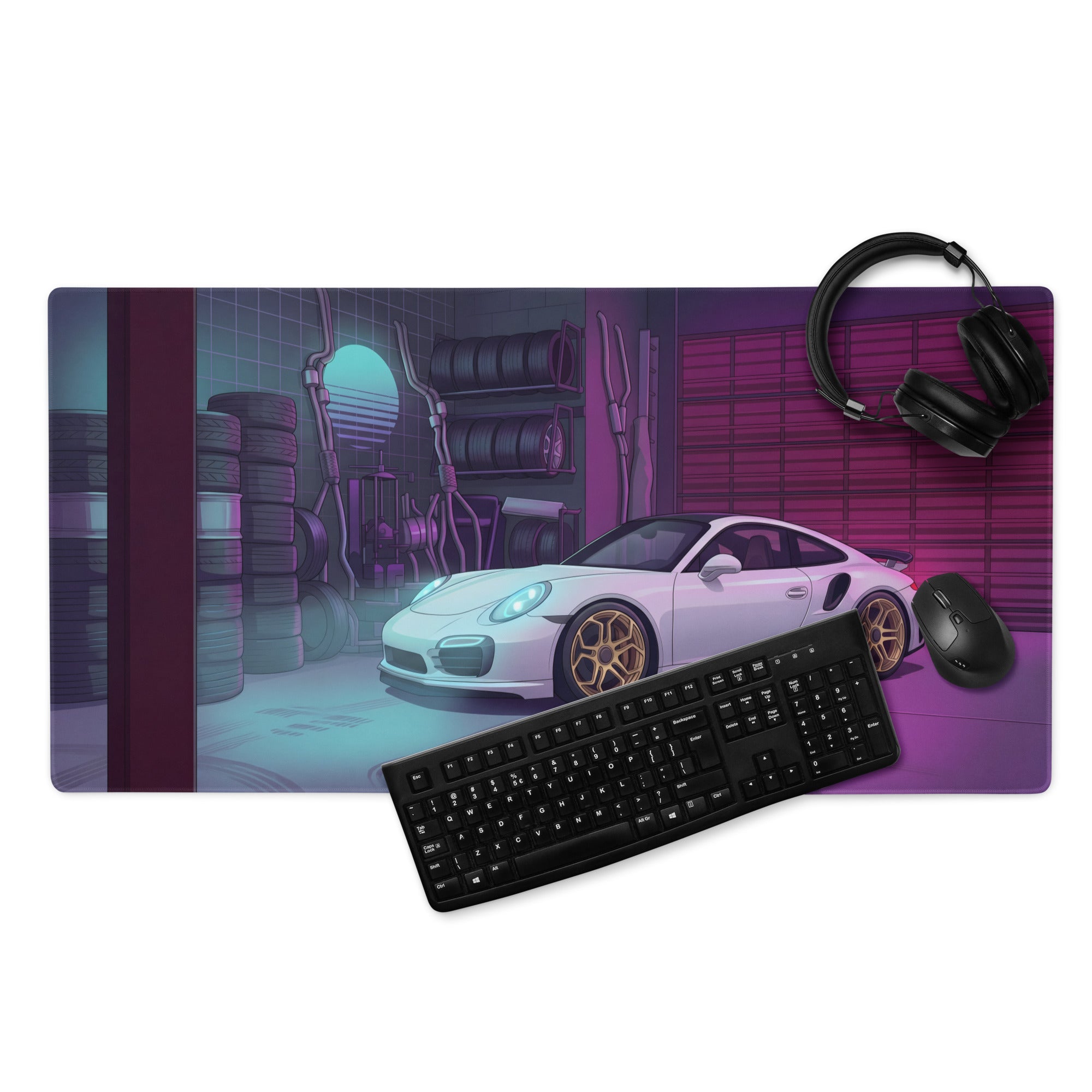Porsche 911 Turbo S Inspired White Purple Vaporwave Gaming Mouse Pad, Neon Supercar Desk Mat with Retro Futuristic Performance Garage Artwork