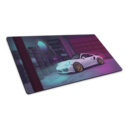 Porsche 911 Turbo S Inspired White Purple Vaporwave Gaming Mouse Pad, Neon Supercar Desk Mat with Retro Futuristic Performance Garage Artwork