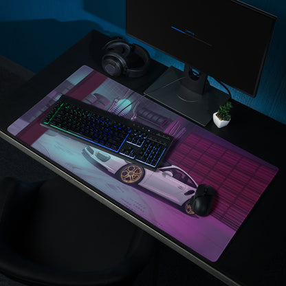 Porsche 911 Turbo S Inspired White Purple Vaporwave Gaming Mouse Pad, Neon Supercar Desk Mat with Retro Futuristic Performance Garage Artwork