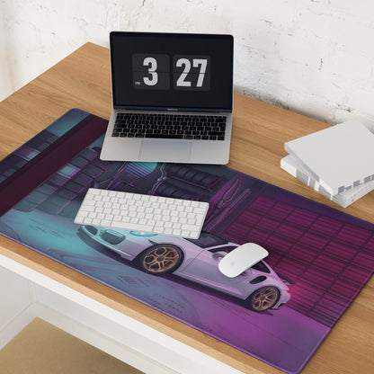 Porsche 911 Turbo S Inspired White Purple Vaporwave Gaming Mouse Pad, Neon Supercar Desk Mat with Retro Futuristic Performance Garage Artwork