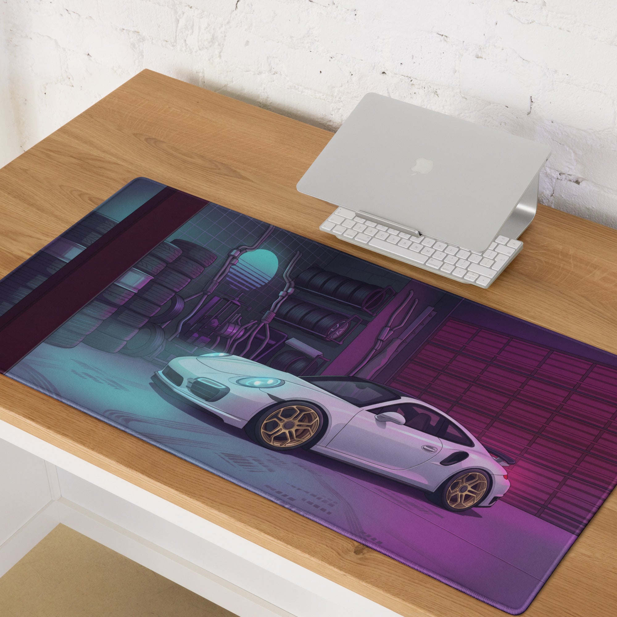 Porsche 911 Turbo S Inspired White Purple Vaporwave Gaming Mouse Pad, Neon Supercar Desk Mat with Retro Futuristic Performance Garage Artwork