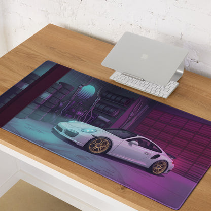 Porsche 911 Turbo S Inspired White Purple Vaporwave Gaming Mouse Pad, Neon Supercar Desk Mat with Retro Futuristic Performance Garage Artwork