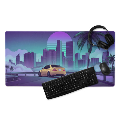 BMW M3 E46 Inspired Gold Purple Vaporwave Gaming Mouse Pad, Retro Sports Coupe Desk Mat with Neon Futuristic City and Palm Tree Artwork