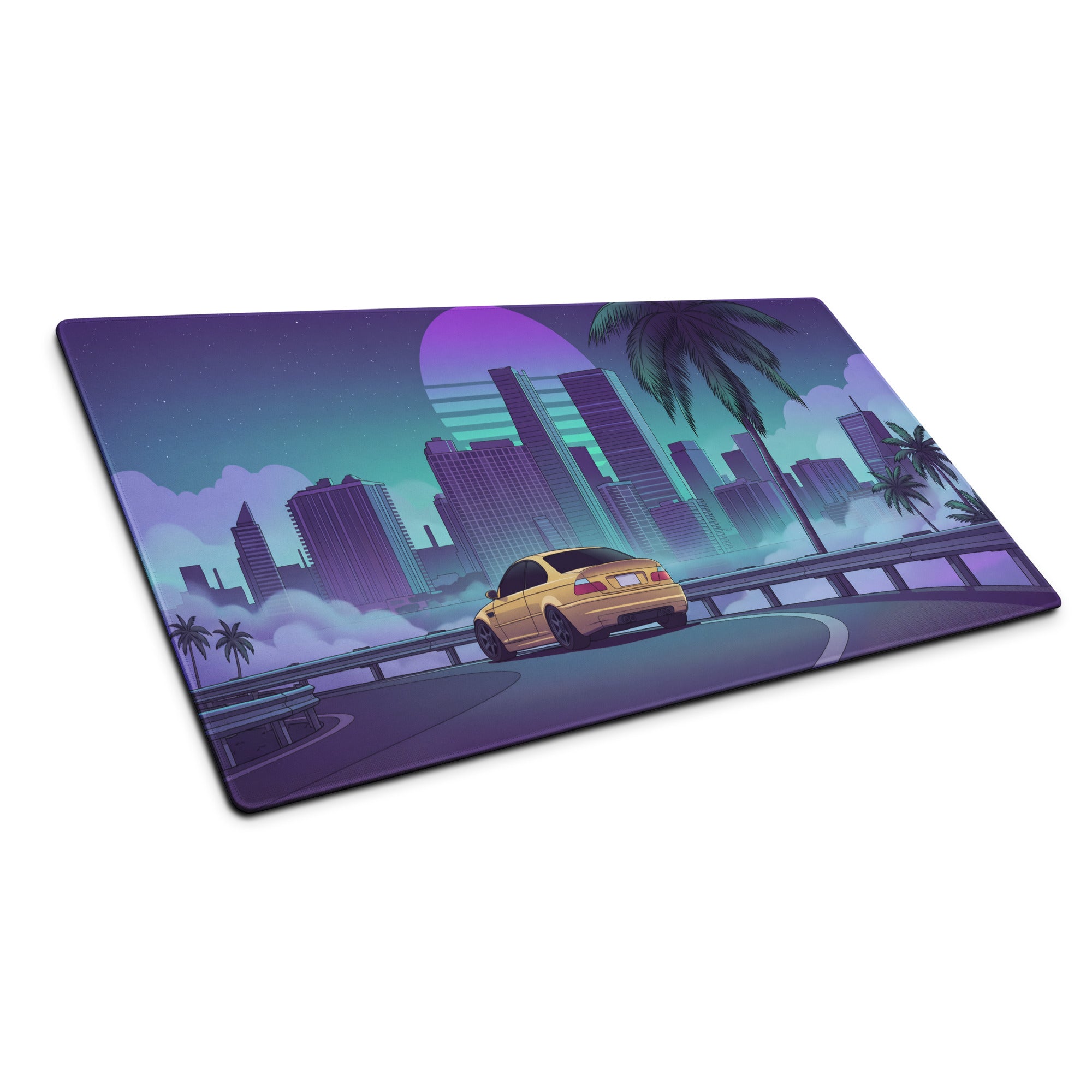 BMW M3 E46 Inspired Gold Purple Vaporwave Gaming Mouse Pad, Retro Sports Coupe Desk Mat with Neon Futuristic City and Palm Tree Artwork