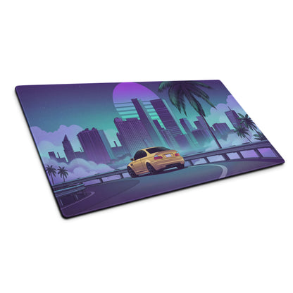BMW M3 E46 Inspired Gold Purple Vaporwave Gaming Mouse Pad, Retro Sports Coupe Desk Mat with Neon Futuristic City and Palm Tree Artwork