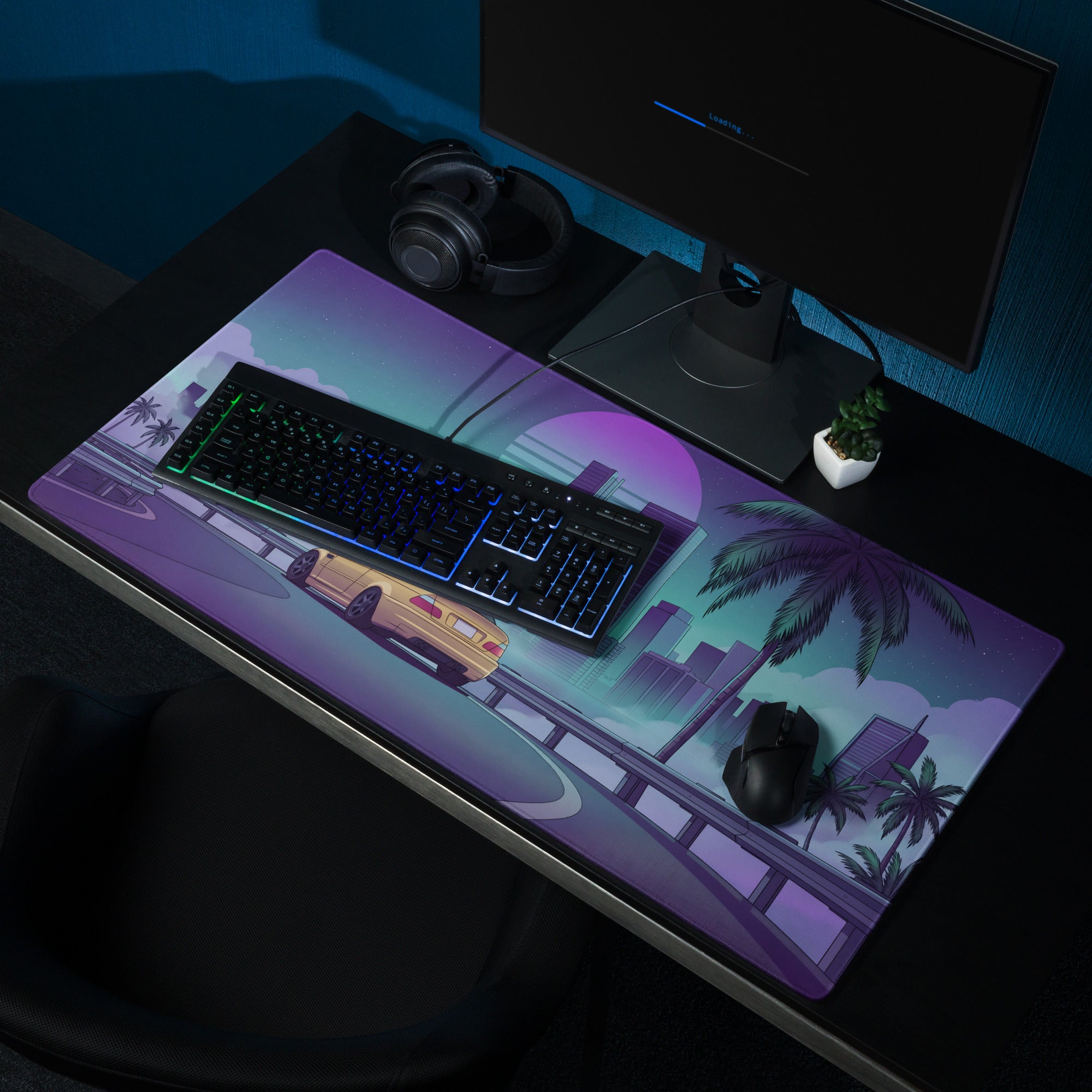 BMW M3 E46 Inspired Gold Purple Vaporwave Gaming Mouse Pad, Retro Sports Coupe Desk Mat with Neon Futuristic City and Palm Tree Artwork
