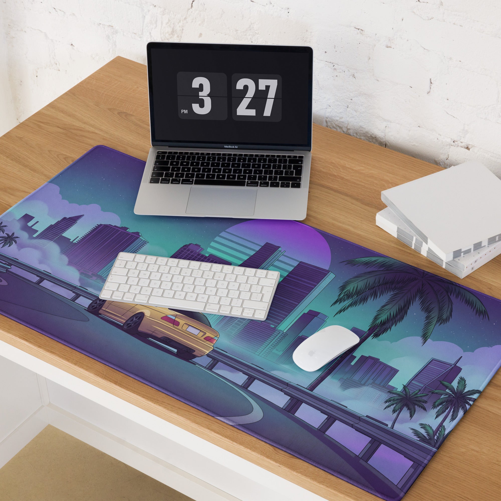 BMW M3 E46 Inspired Gold Purple Vaporwave Gaming Mouse Pad, Retro Sports Coupe Desk Mat with Neon Futuristic City and Palm Tree Artwork