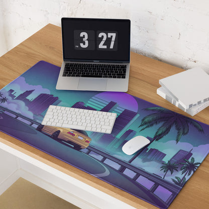 BMW M3 E46 Inspired Gold Purple Vaporwave Gaming Mouse Pad, Retro Sports Coupe Desk Mat with Neon Futuristic City and Palm Tree Artwork