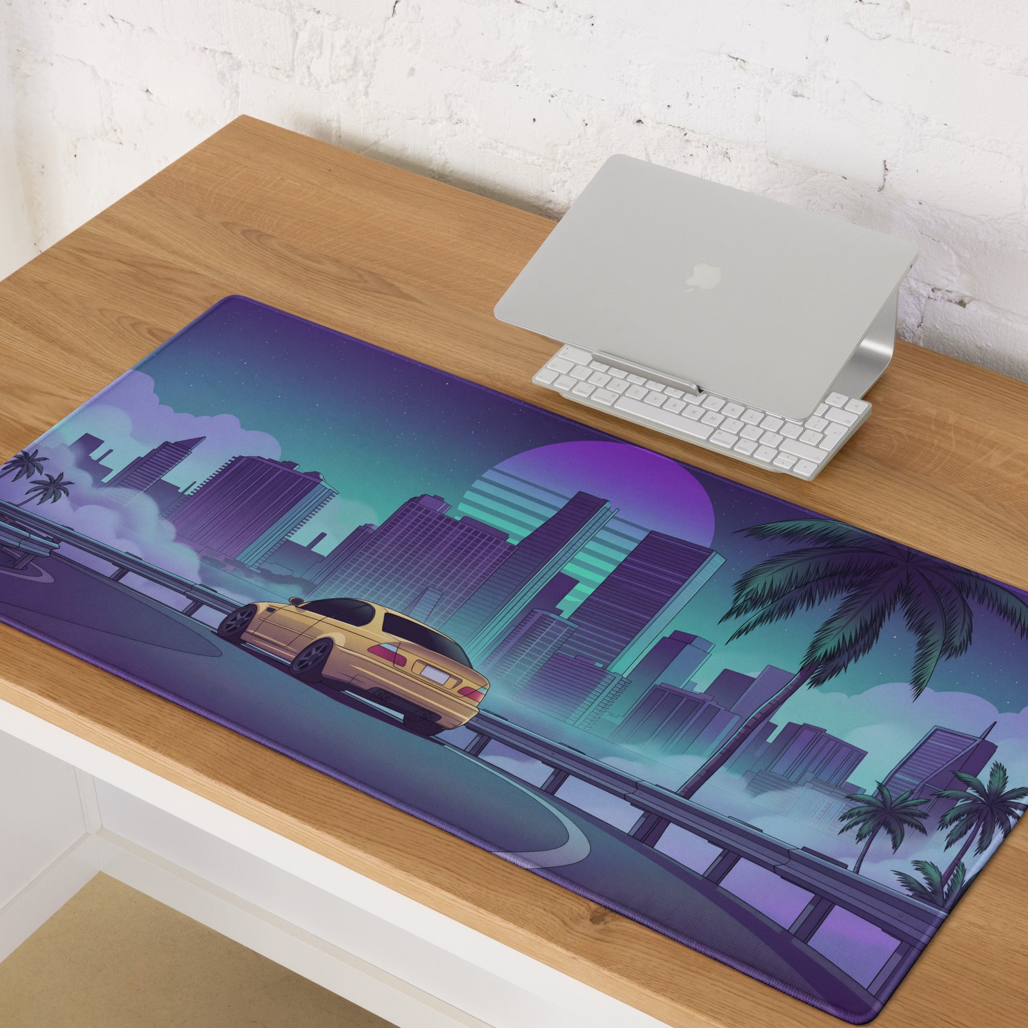BMW M3 E46 Inspired Gold Purple Vaporwave Gaming Mouse Pad, Retro Sports Coupe Desk Mat with Neon Futuristic City and Palm Tree Artwork