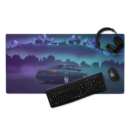 BMW 7 Series E38 Inspired Green Purple Vaporwave Gaming Mouse Pad, Retro Luxury Sedan Desk Mat with Neon Grid Forest Artwork