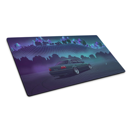 BMW 7 Series E38 Inspired Green Purple Vaporwave Gaming Mouse Pad, Retro Luxury Sedan Desk Mat with Neon Grid Forest Artwork