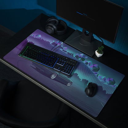 BMW 7 Series E38 Inspired Green Purple Vaporwave Gaming Mouse Pad, Retro Luxury Sedan Desk Mat with Neon Grid Forest Artwork