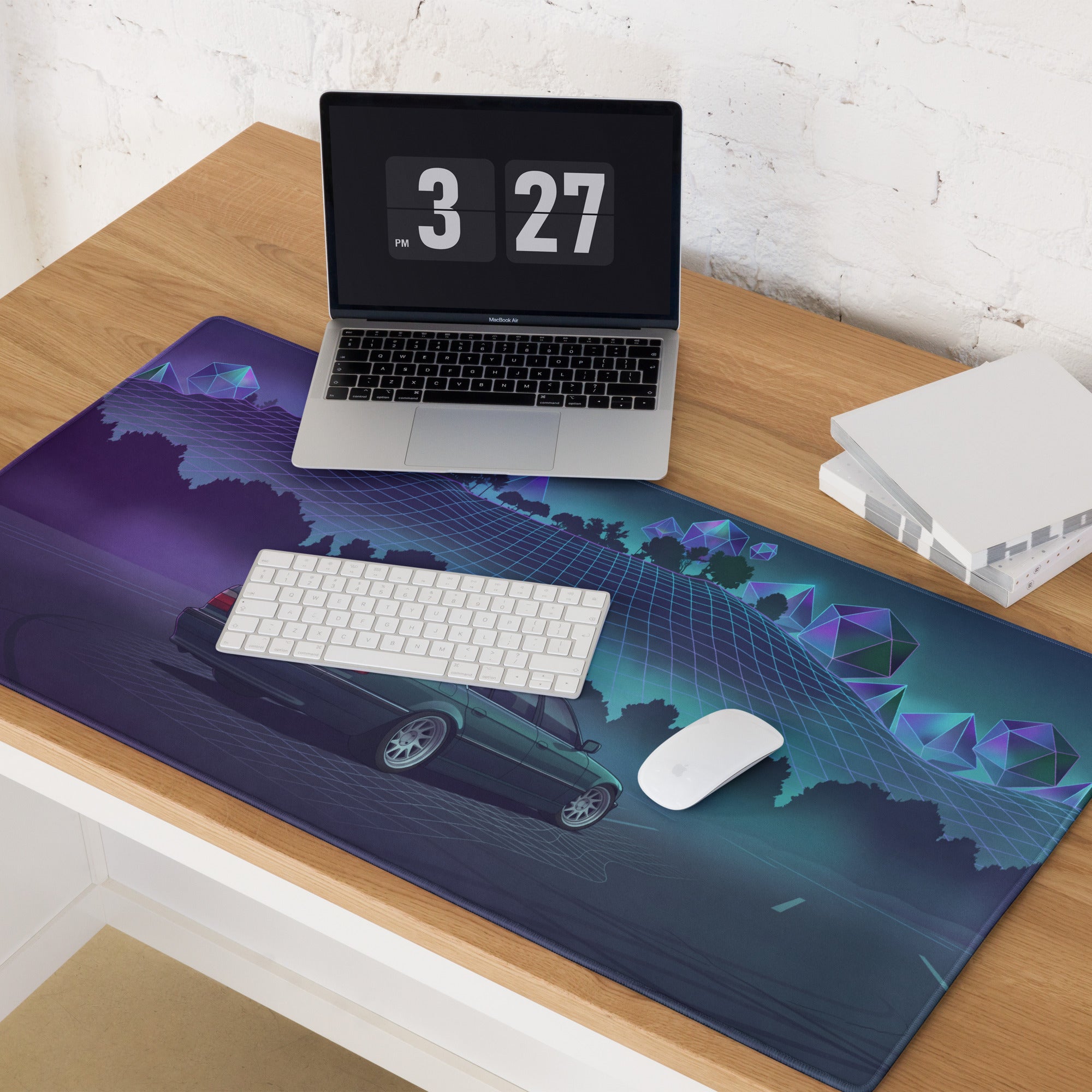 BMW 7 Series E38 Inspired Green Purple Vaporwave Gaming Mouse Pad, Retro Luxury Sedan Desk Mat with Neon Grid Forest Artwork