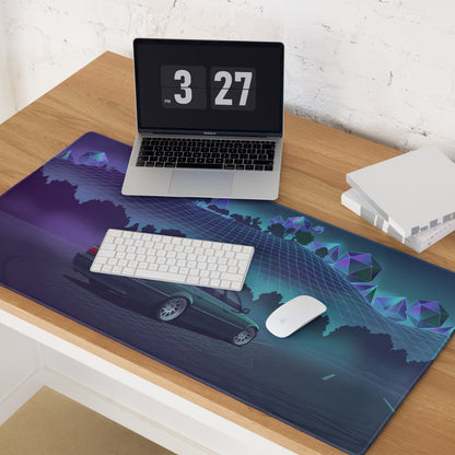 BMW 7 Series E38 Inspired Green Purple Vaporwave Gaming Mouse Pad, Retro Luxury Sedan Desk Mat with Neon Grid Forest Artwork