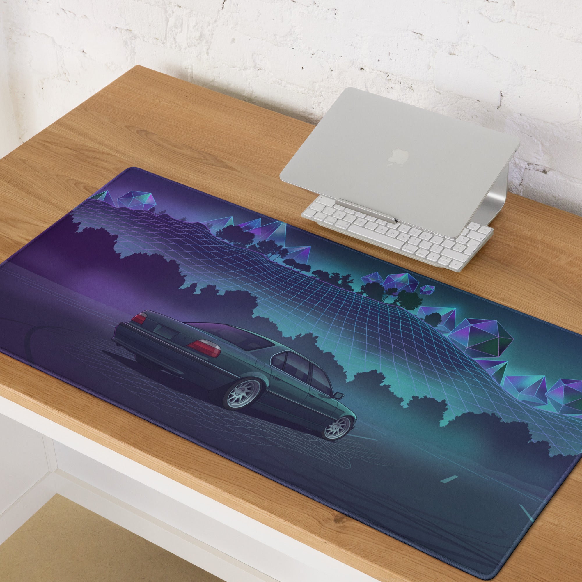 BMW 7 Series E38 Inspired Green Purple Vaporwave Gaming Mouse Pad, Retro Luxury Sedan Desk Mat with Neon Grid Forest Artwork