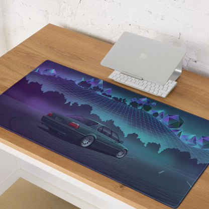 BMW 7 Series E38 Inspired Green Purple Vaporwave Gaming Mouse Pad, Retro Luxury Sedan Desk Mat with Neon Grid Forest Artwork
