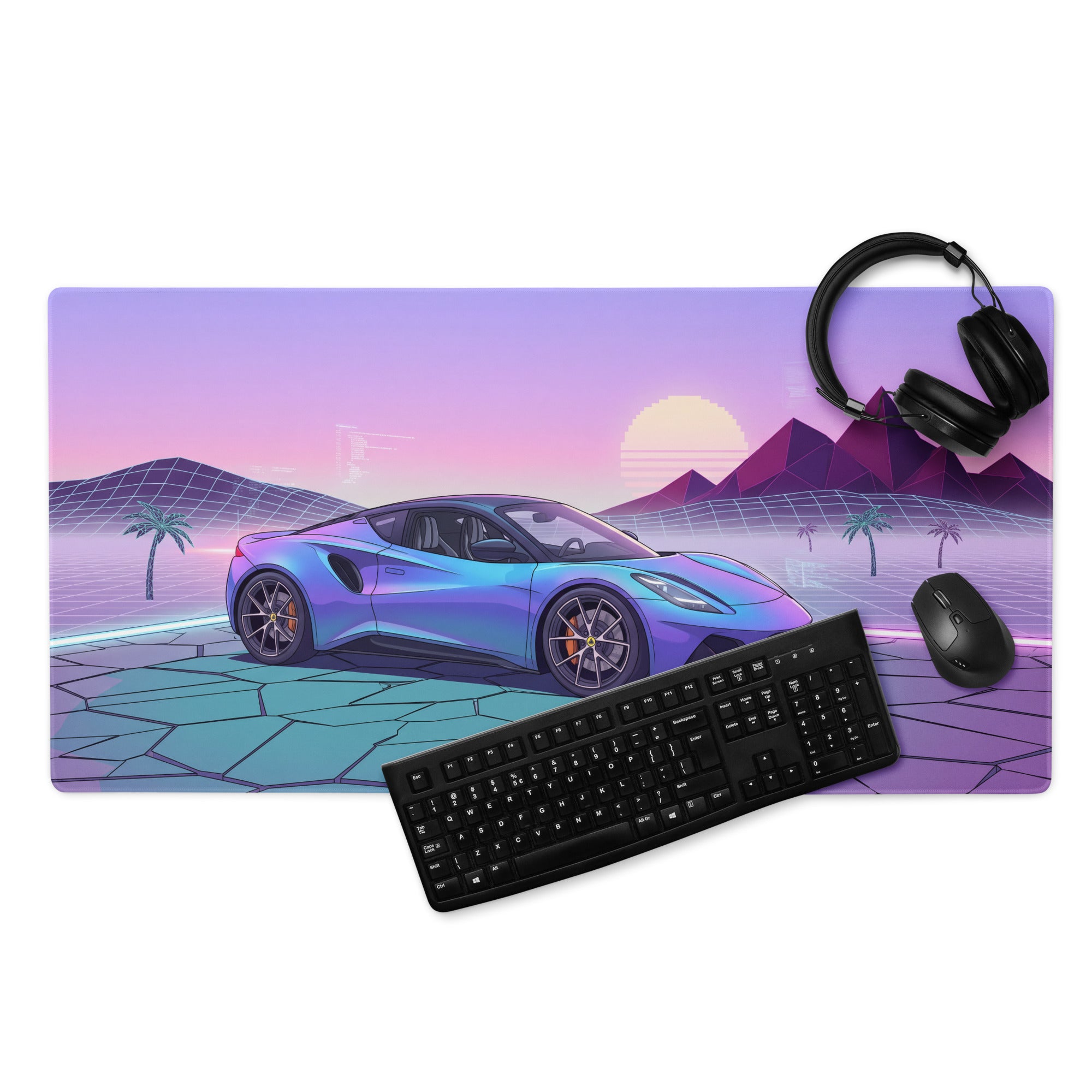 Lotus Emira Inspired Blue Purple Vaporwave Gaming Mouse Pad, Neon Mid-Engine Sports Car Desk Mat with Retro Futuristic Desert Sunset Artwork