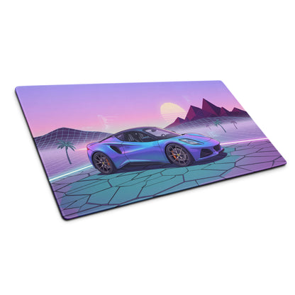 Lotus Emira Inspired Blue Purple Vaporwave Gaming Mouse Pad, Neon Mid-Engine Sports Car Desk Mat with Retro Futuristic Desert Sunset Artwork