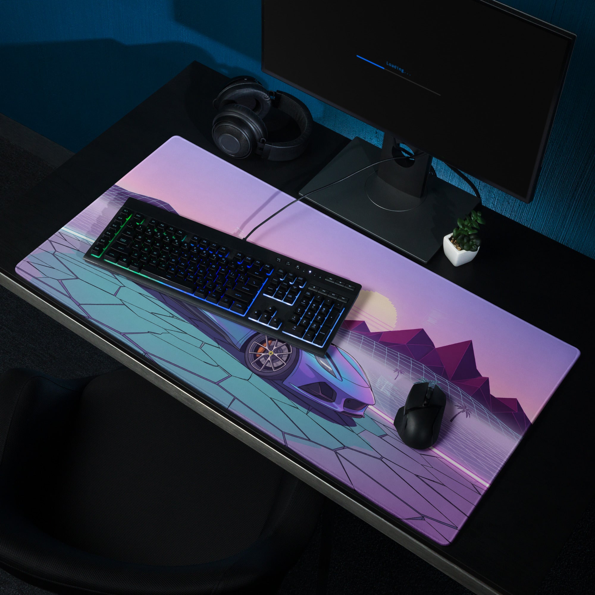 Lotus Emira Inspired Blue Purple Vaporwave Gaming Mouse Pad, Neon Mid-Engine Sports Car Desk Mat with Retro Futuristic Desert Sunset Artwork