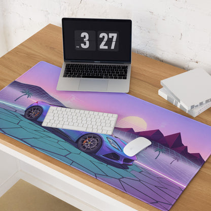 Lotus Emira Inspired Blue Purple Vaporwave Gaming Mouse Pad, Neon Mid-Engine Sports Car Desk Mat with Retro Futuristic Desert Sunset Artwork