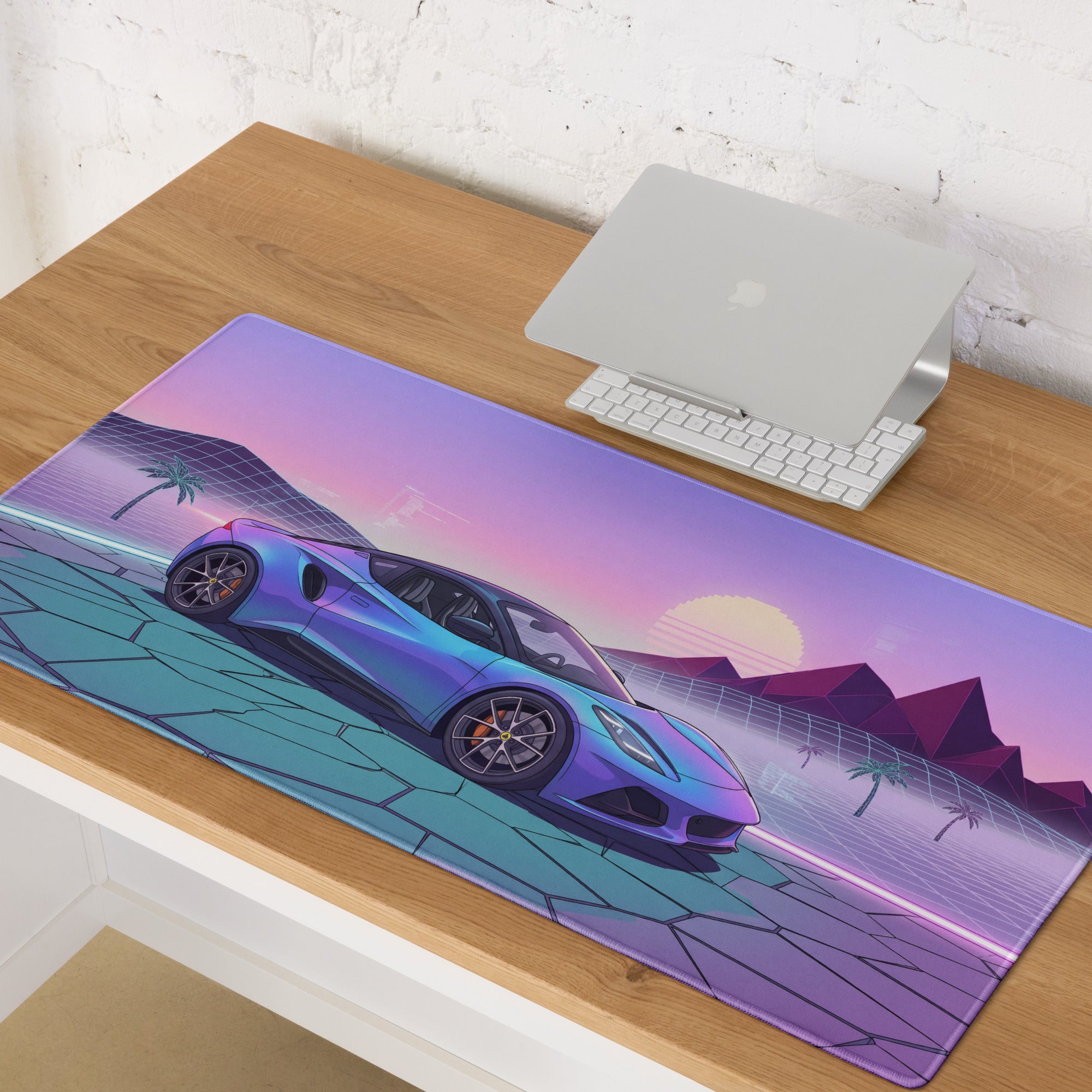 Lotus Emira Inspired Blue Purple Vaporwave Gaming Mouse Pad, Neon Mid-Engine Sports Car Desk Mat with Retro Futuristic Desert Sunset Artwork