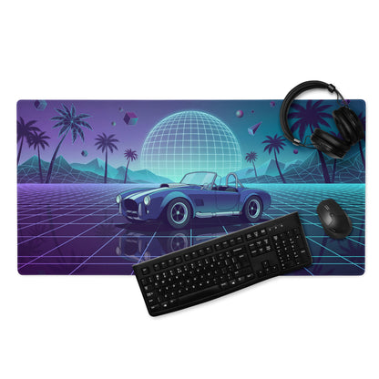 Shelby Cobra Inspired Blue Purple Vaporwave Gaming Mouse Pad, Retro Roadster Desk Mat with Neon Grid, Palm Trees and Futuristic Sunset Artwork