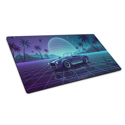 Shelby Cobra Inspired Blue Purple Vaporwave Gaming Mouse Pad, Retro Roadster Desk Mat with Neon Grid, Palm Trees and Futuristic Sunset Artwork