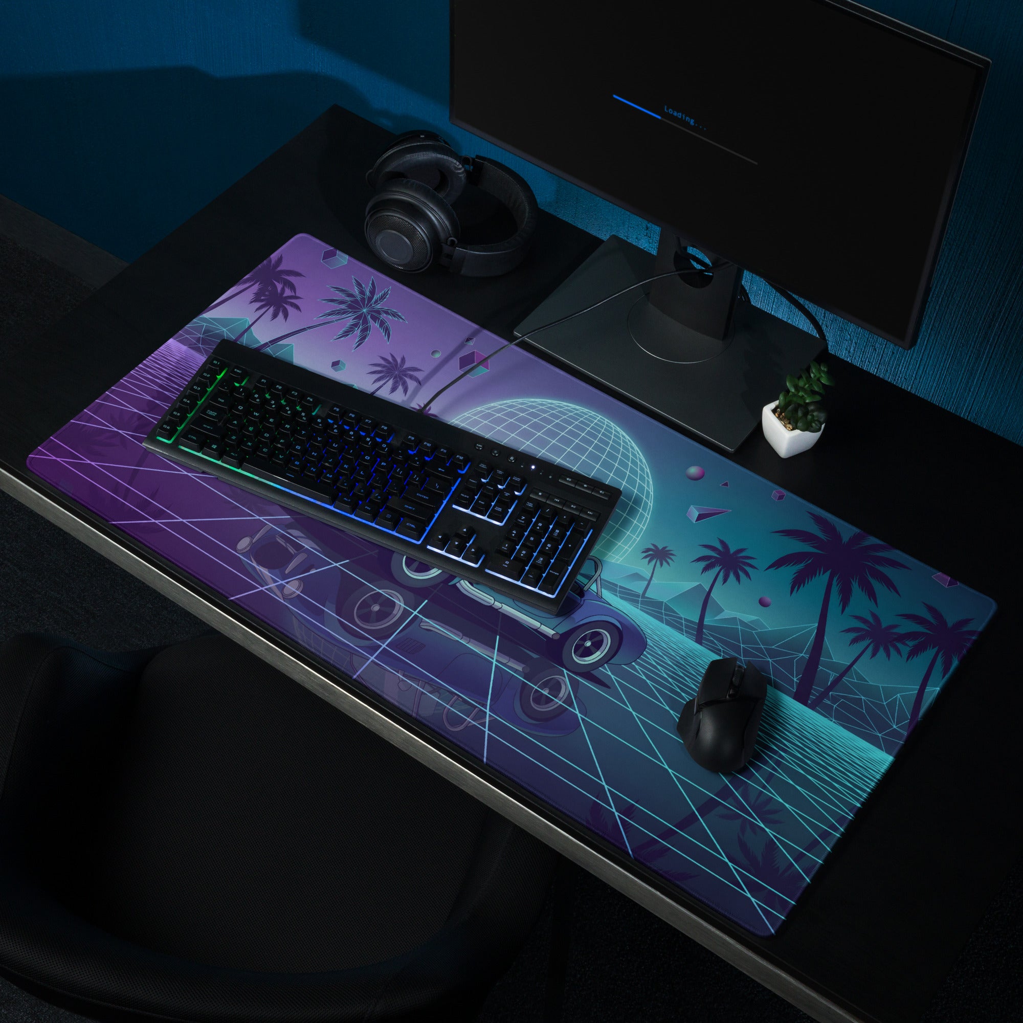 Shelby Cobra Inspired Blue Purple Vaporwave Gaming Mouse Pad, Retro Roadster Desk Mat with Neon Grid, Palm Trees and Futuristic Sunset Artwork