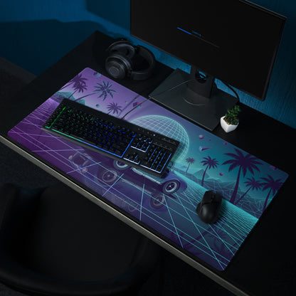 Shelby Cobra Inspired Blue Purple Vaporwave Gaming Mouse Pad, Retro Roadster Desk Mat with Neon Grid, Palm Trees and Futuristic Sunset Artwork