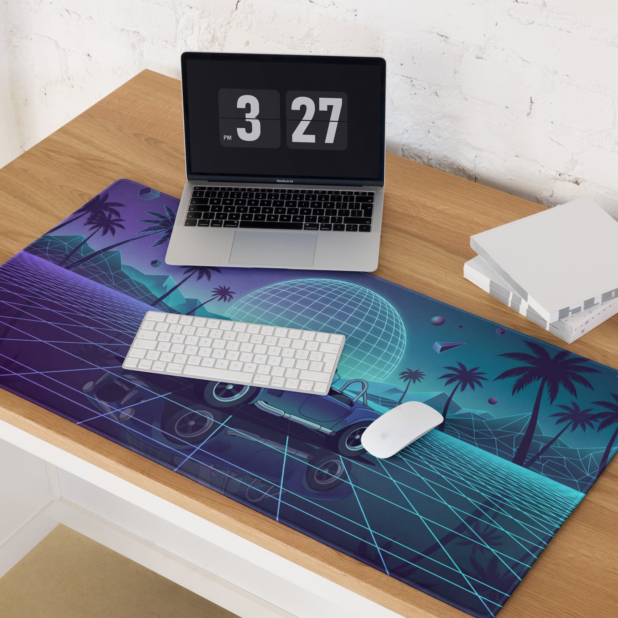 Shelby Cobra Inspired Blue Purple Vaporwave Gaming Mouse Pad, Retro Roadster Desk Mat with Neon Grid, Palm Trees and Futuristic Sunset Artwork